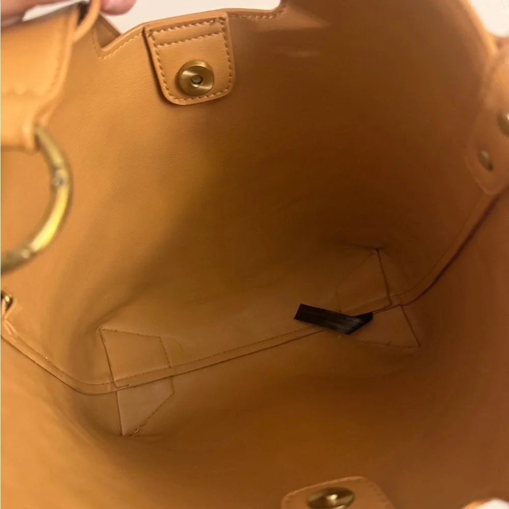 Tan Faux Leather Shoulder Tote Bag Cutout Handle Minimalist